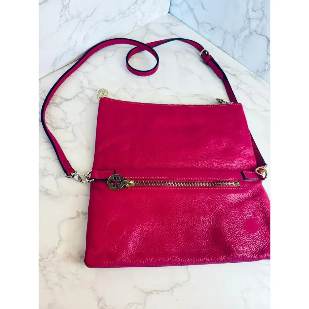 TORY BURCH Amanda Foldover Clutch Crossbody w/Pink Leather w/Golden Accents, EUC